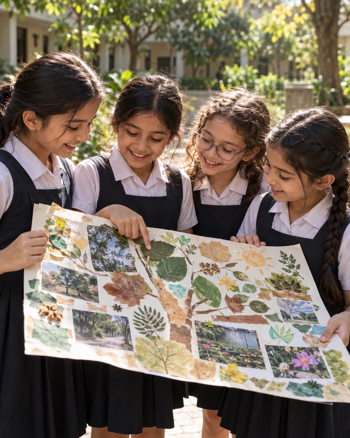 Primary school girls sharing a nature collage in the school courtyard